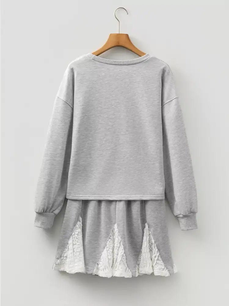 Lace Patchwork Drop Shoulder Top and Drawstring Skort 2pcs Outfit