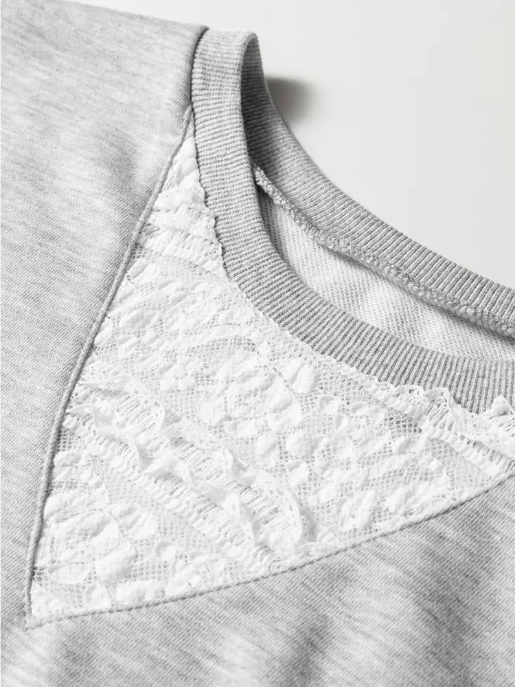 Lace Patchwork Drop Shoulder Top and Drawstring Skort 2pcs Outfit