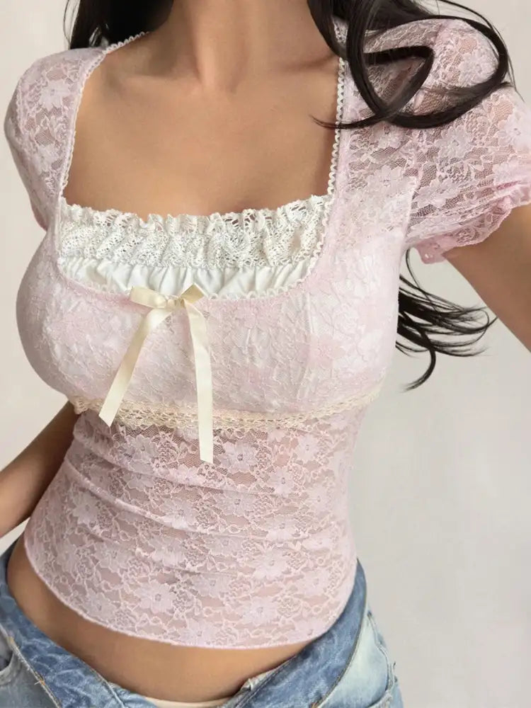 Lace Short Sleeve T-Shirt with Bow Detail