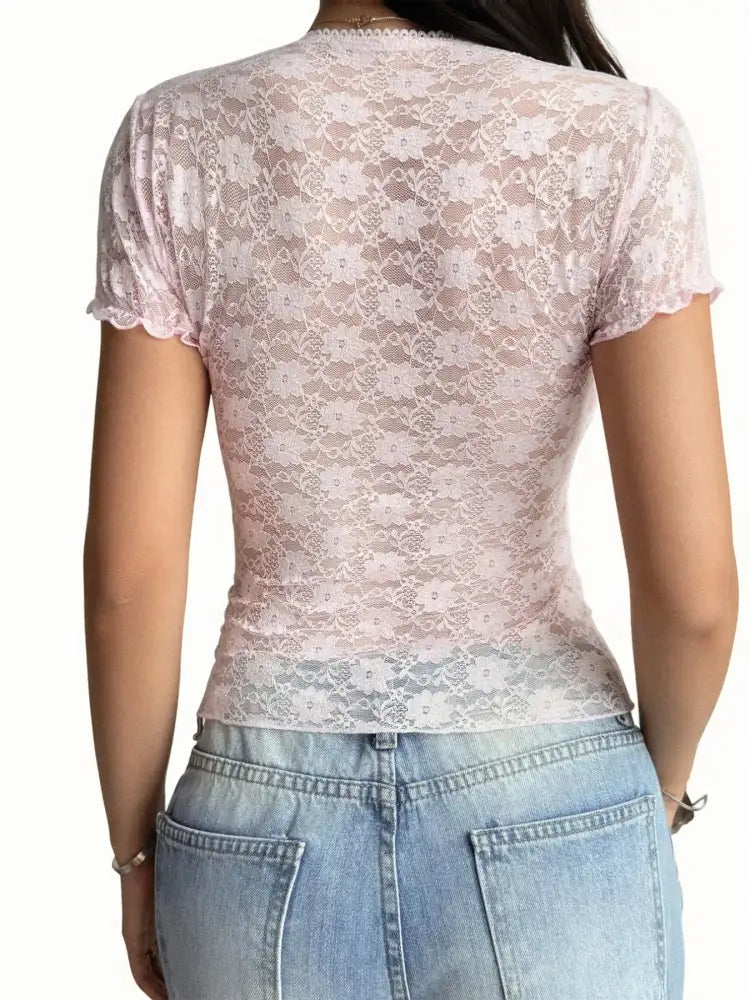 Lace Short Sleeve T-Shirt with Bow Detail