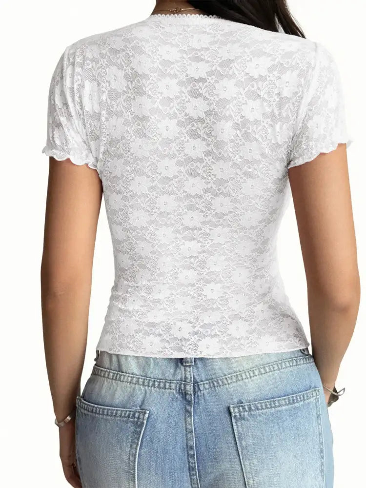 Lace Short Sleeve T-Shirt with Bow Detail
