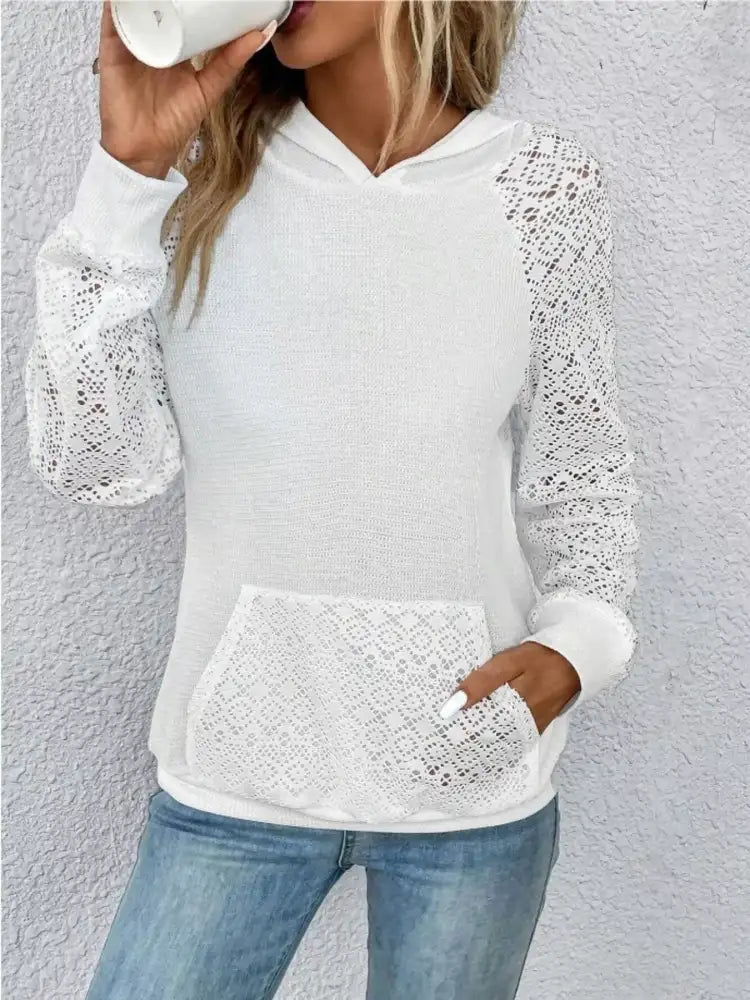 Lace Sleeve Kangaroo Pocket Hoodie
