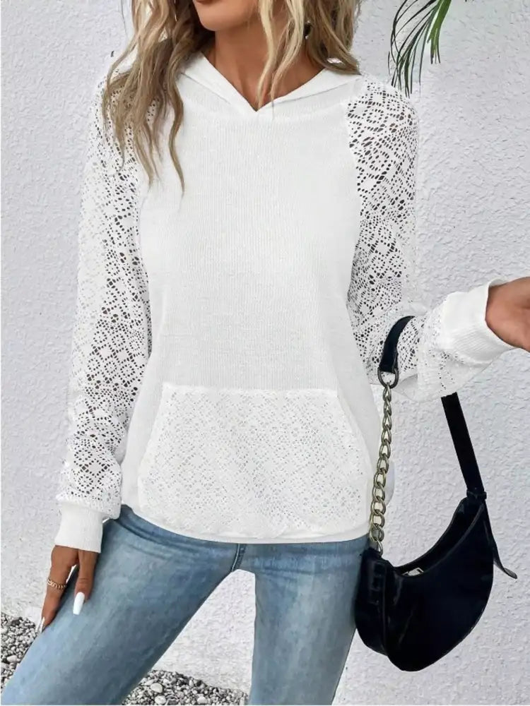 Lace Sleeve Kangaroo Pocket Hoodie