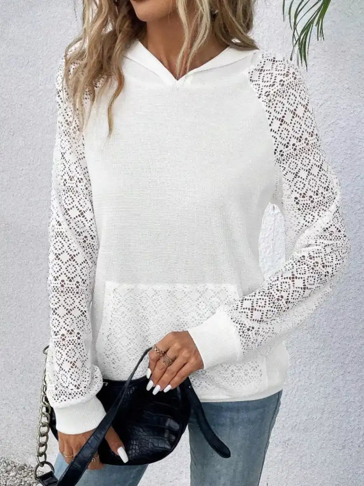 Lace Sleeve Kangaroo Pocket Hoodie