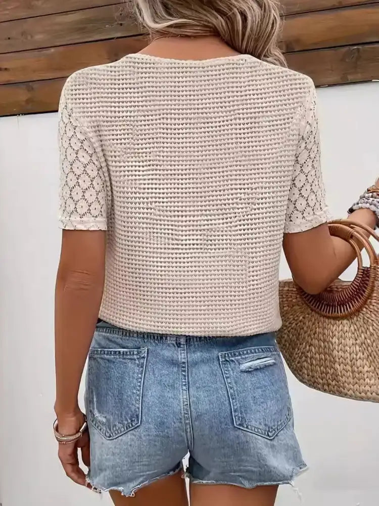 Lace Sleeve V-neck Waffle Knit Top