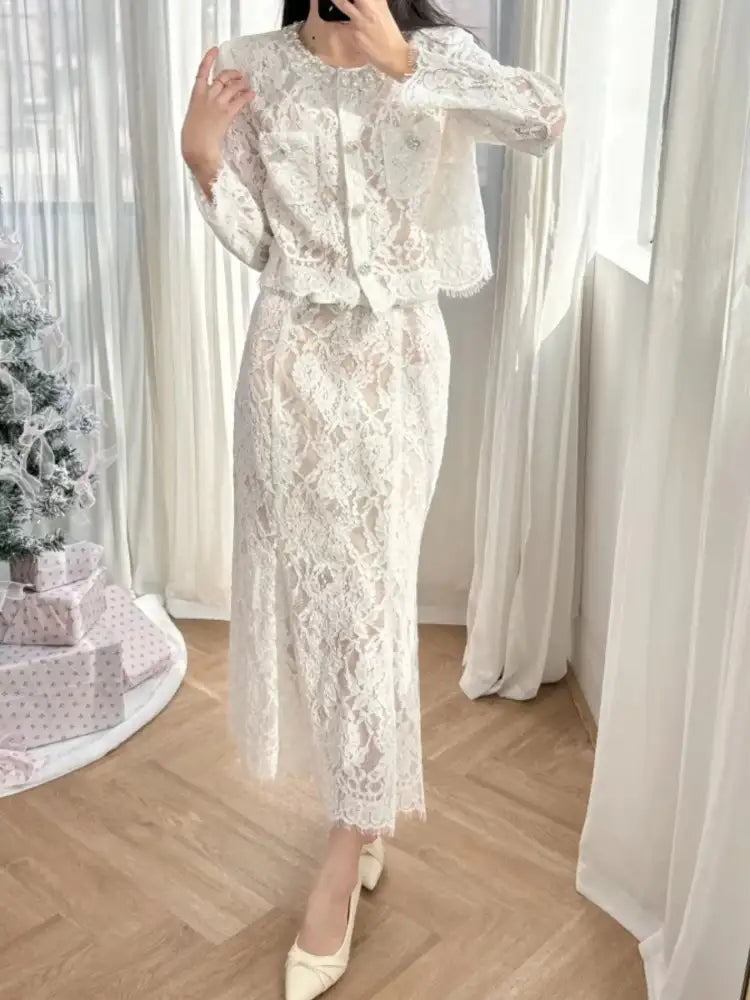 Lace Snap Down Top and Skirt Set