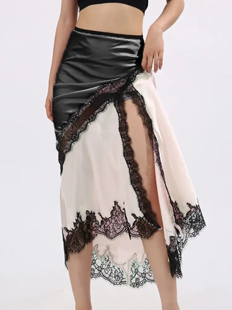 Lace Trim Asymmetrical Midi Skirt
