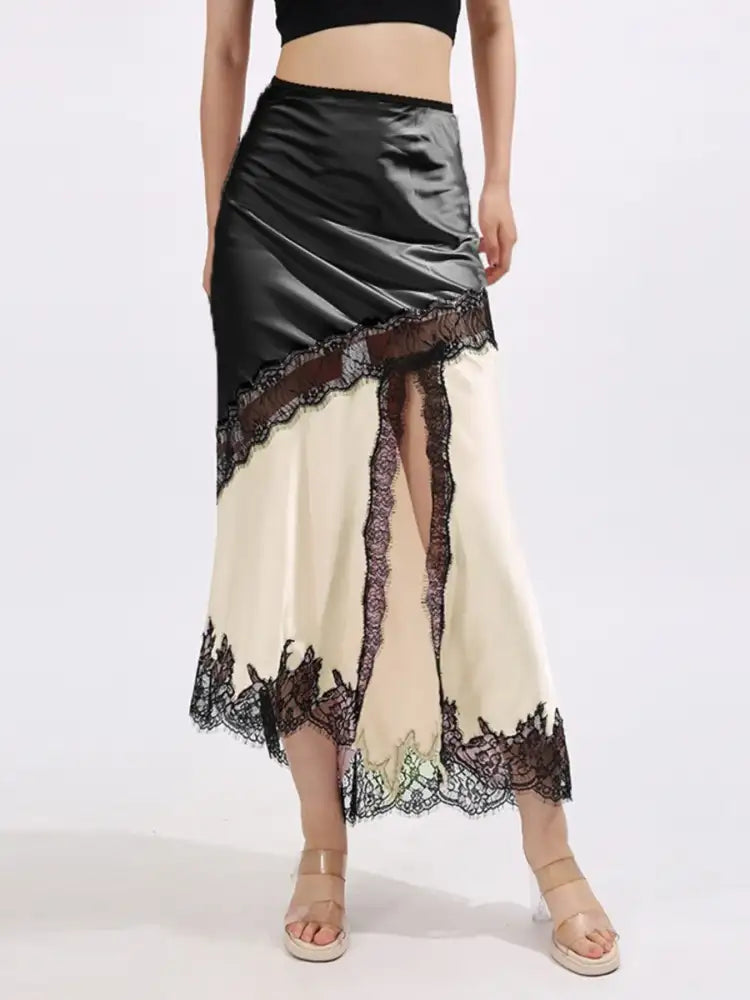 Lace Trim Asymmetrical Midi Skirt