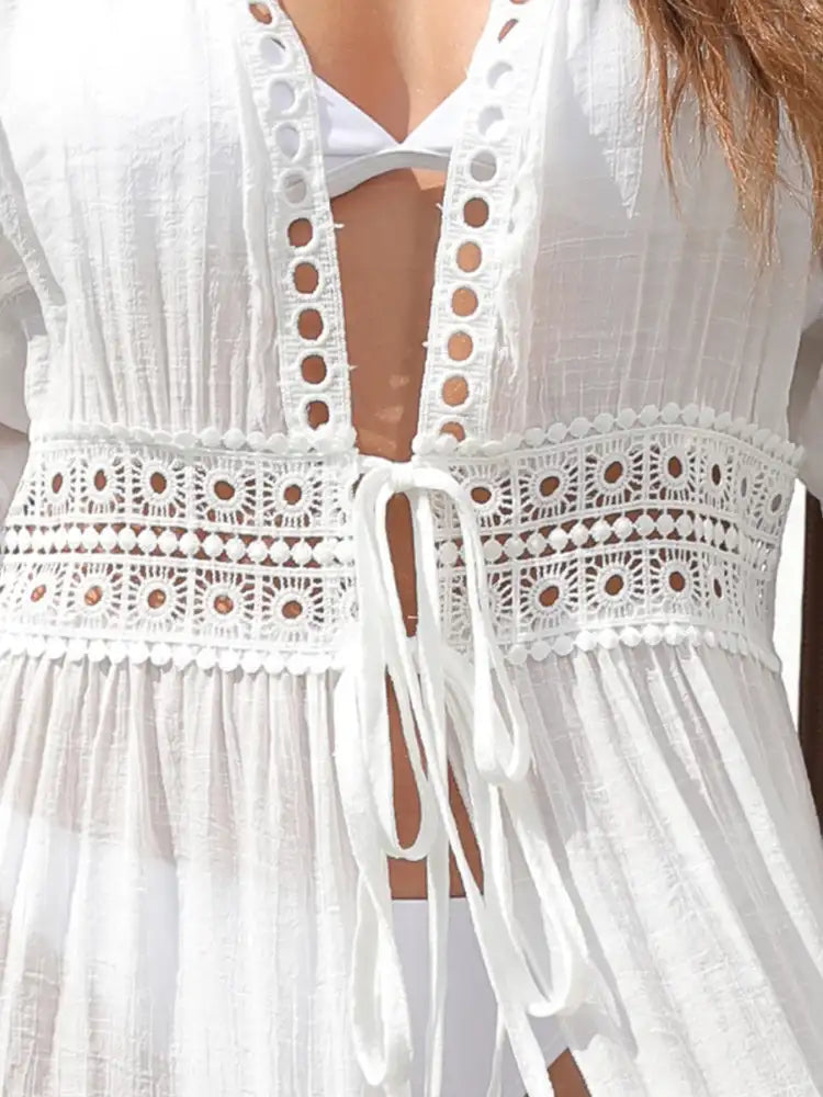 Lace Trim Plunging Beach Cover Up Maxi Dress