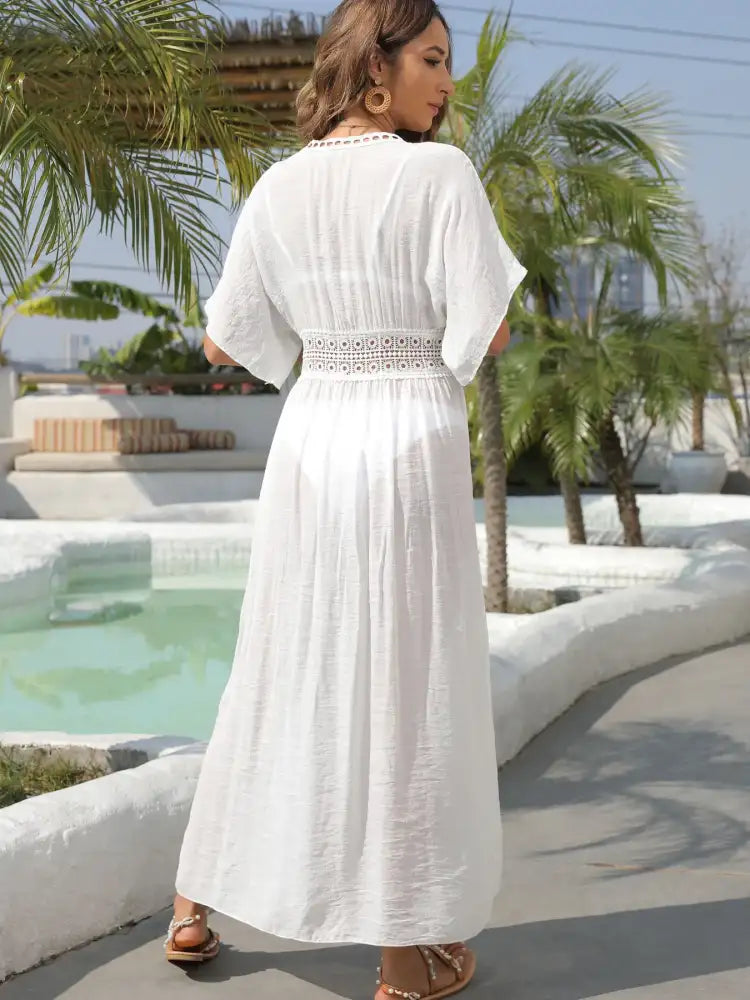 Lace Trim Plunging Beach Cover Up Maxi Dress