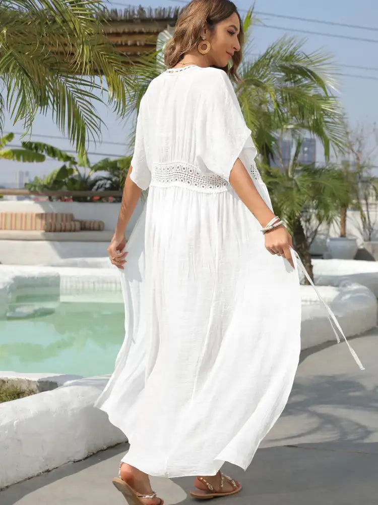 Lace Trim Plunging Beach Cover Up Maxi Dress