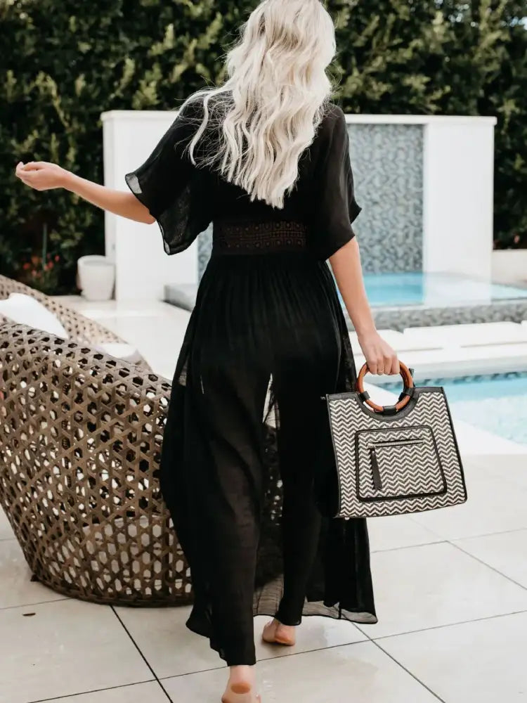 Lace Trim Plunging Beach Cover Up Maxi Dress