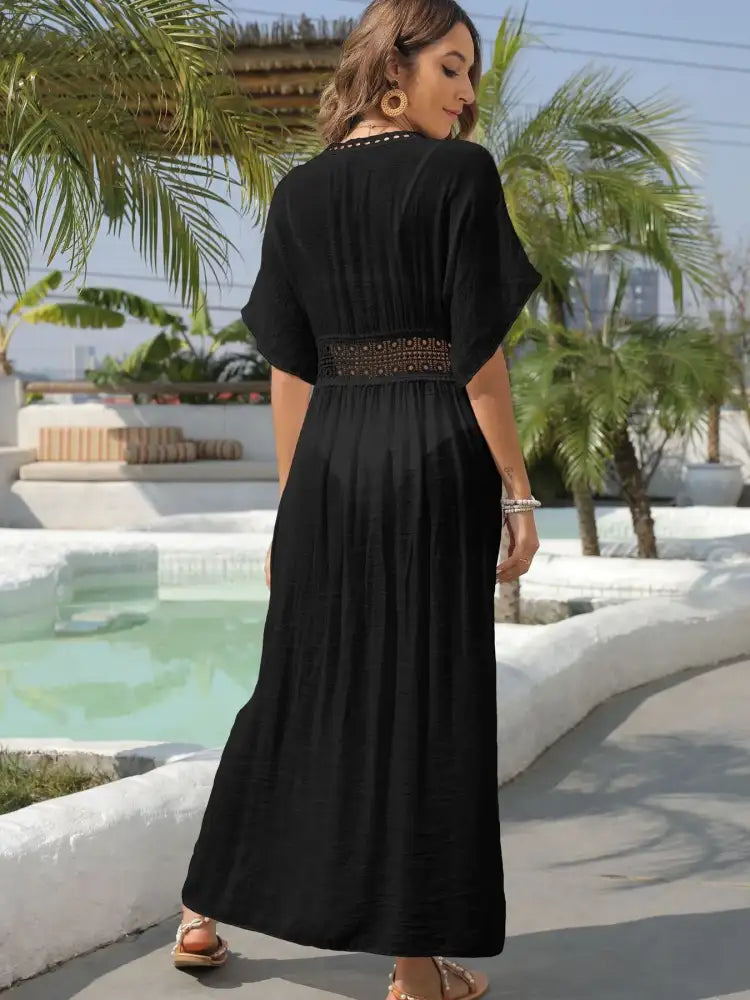 Lace Trim Plunging Beach Cover Up Maxi Dress