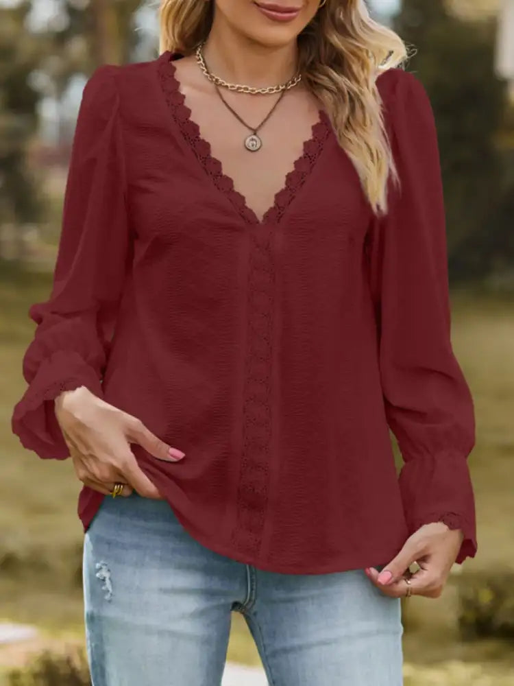 Lace Trim V-Neck Blouse with Flounce Sleeves