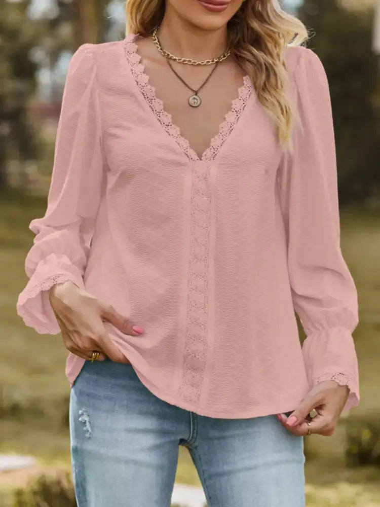 Lace Trim V-Neck Blouse with Flounce Sleeves