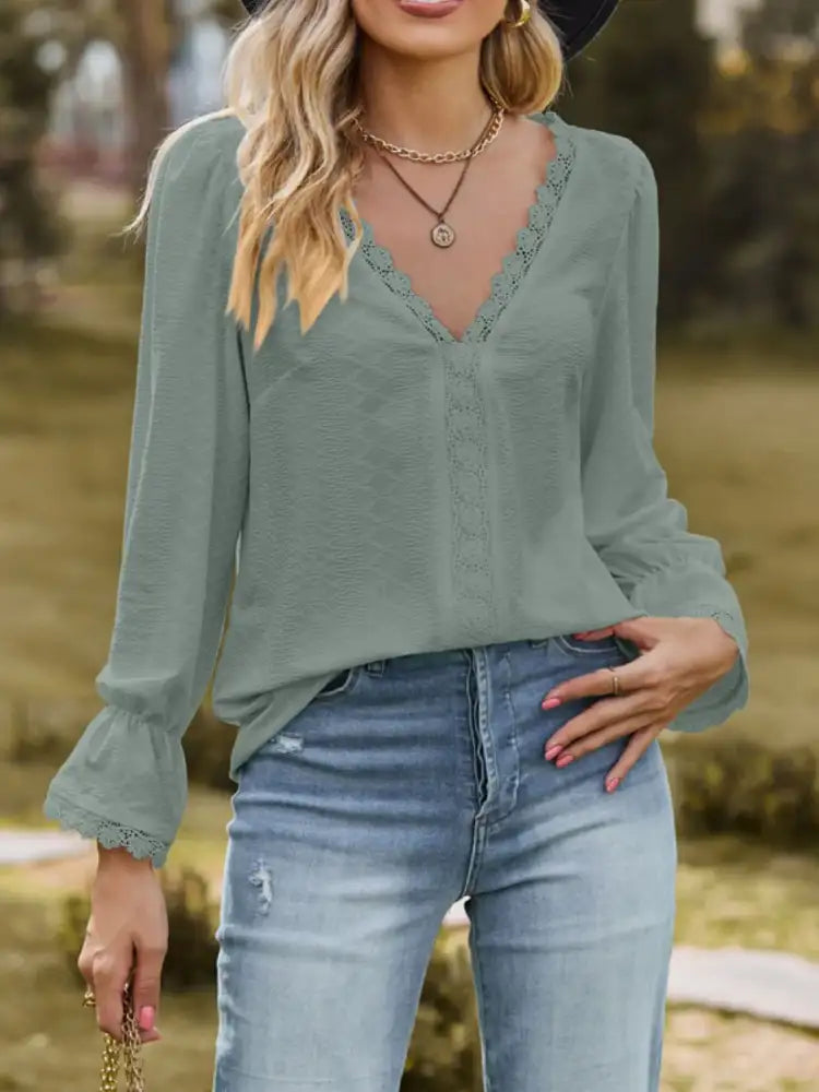 Lace Trim V-Neck Blouse with Flounce Sleeves