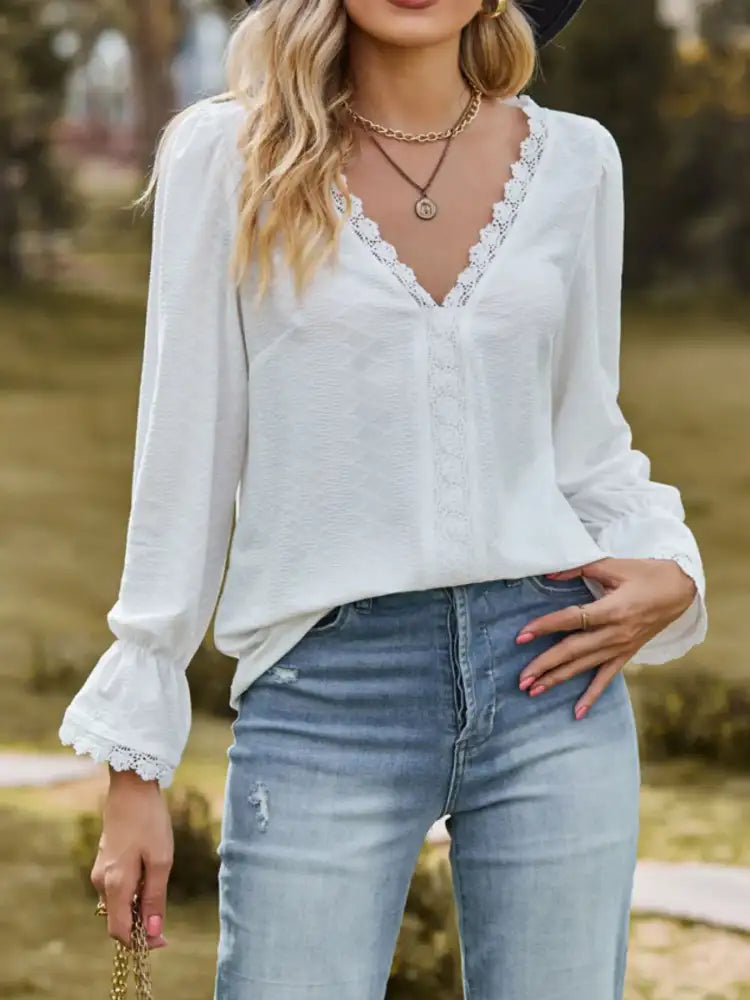 Lace Trim V-Neck Blouse with Flounce Sleeves