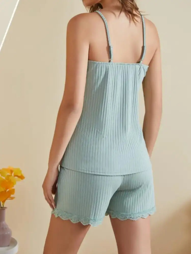 Lace-Trimmed Ribbed Cami and Shorts Lounge Set