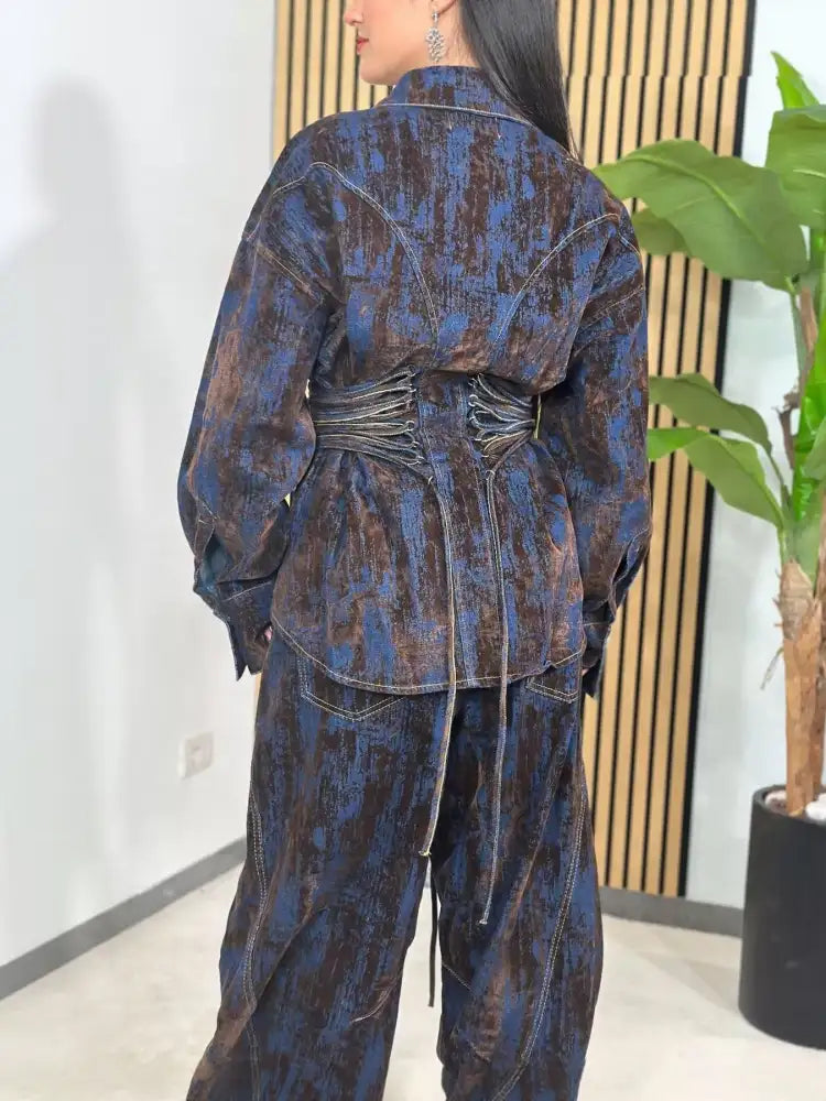 Lace Up Button Jacket and Jeans Denim Set