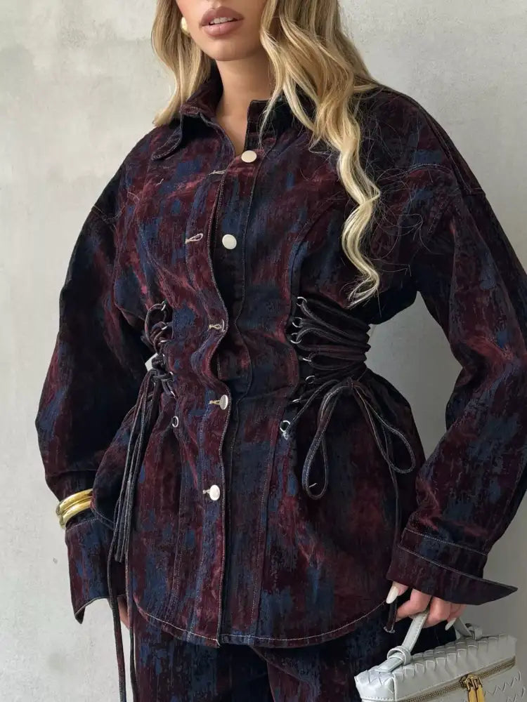Lace Up Button Jacket and Jeans Denim Set