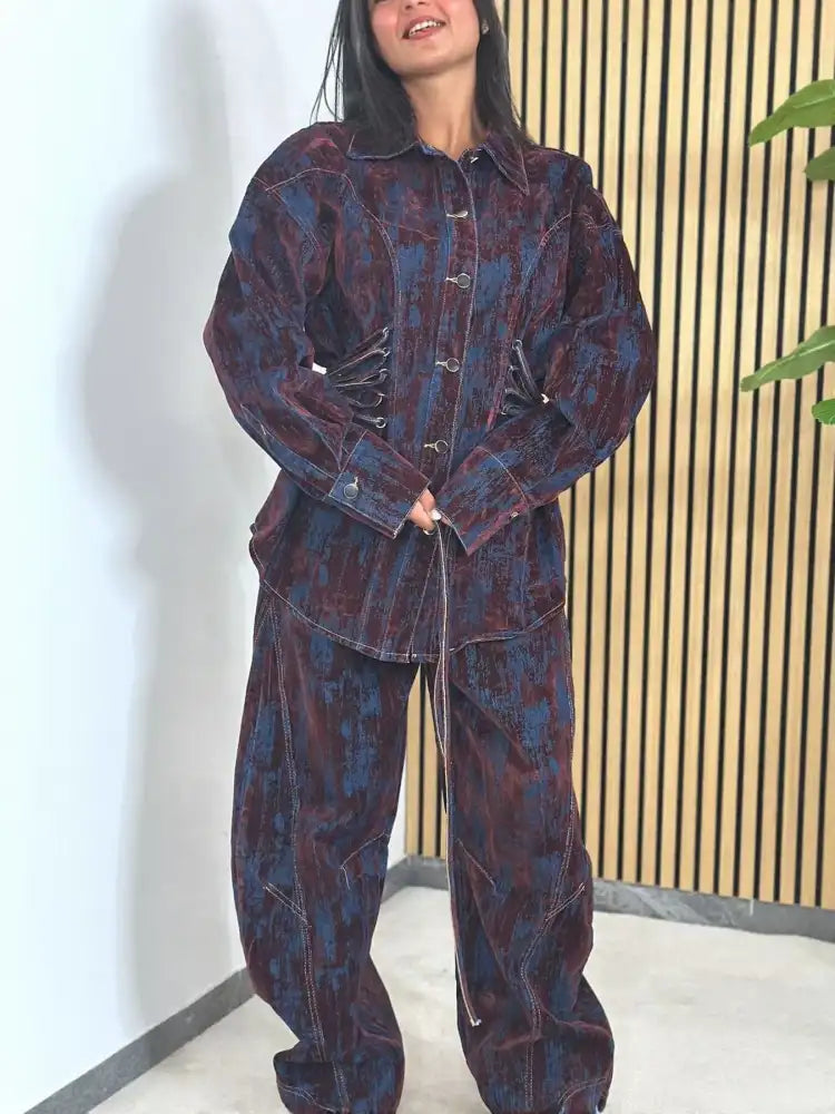 Lace Up Button Jacket and Jeans Denim Set