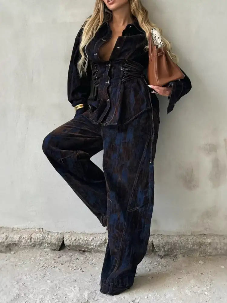 Lace Up Button Jacket and Jeans Denim Set