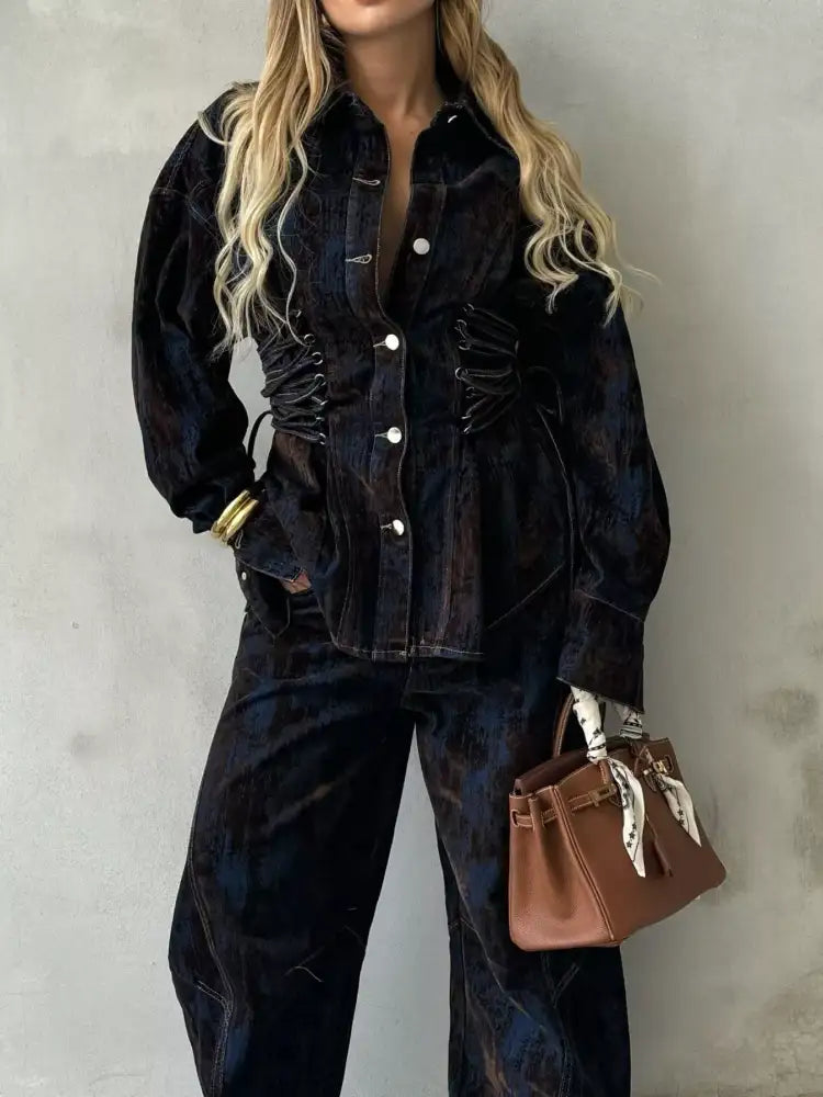 Lace Up Button Jacket and Jeans Denim Set