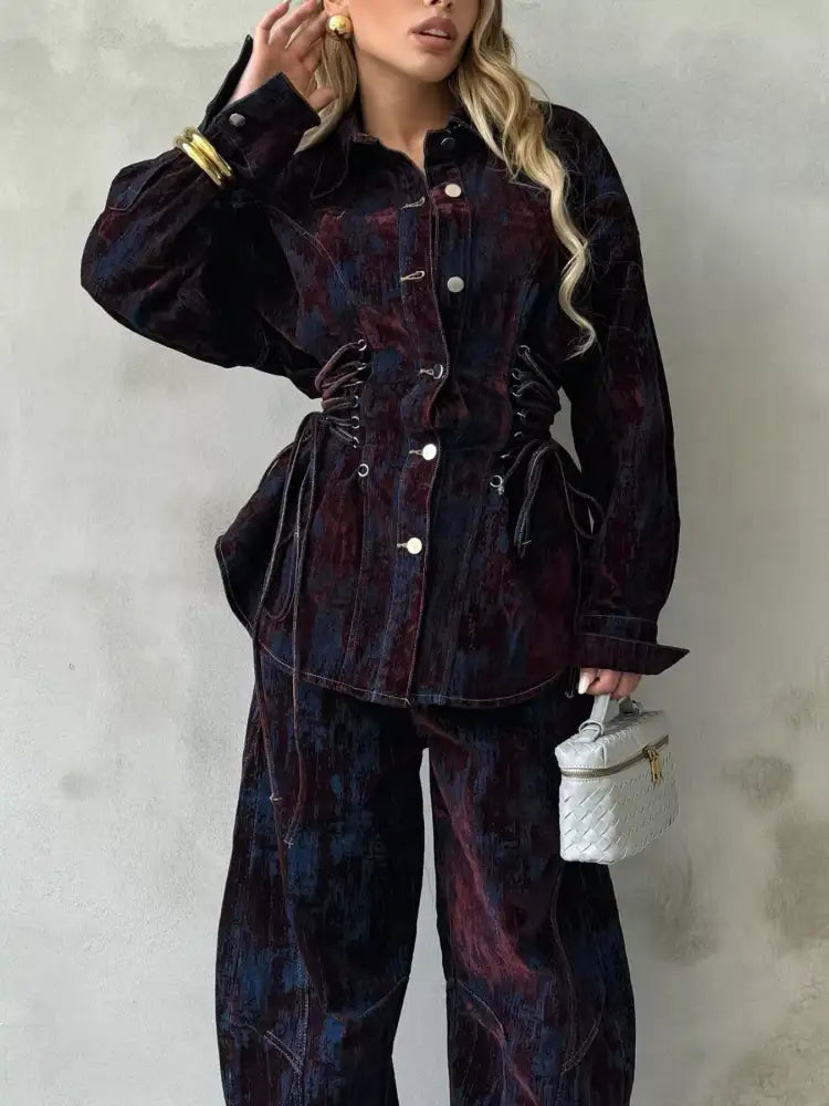 Lace Up Button Jacket and Jeans Denim Set