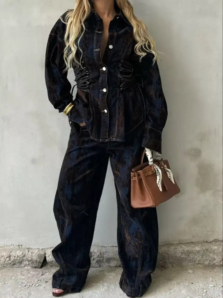 Lace Up Button Jacket and Jeans Denim Set