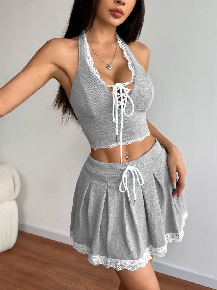 Lace Up Halter Neck Top and Skirt Set