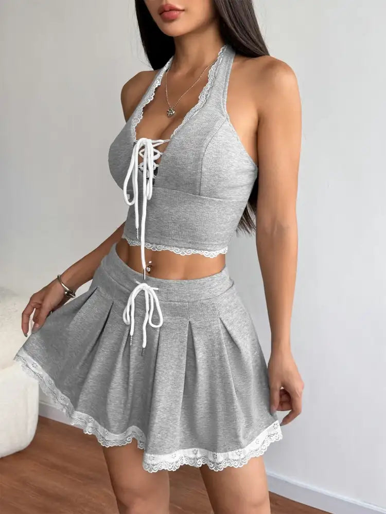 Lace Up Halter Neck Top and Skirt Set