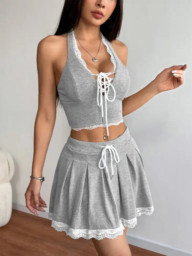 Lace Up Halter Neck Top and Skirt Set