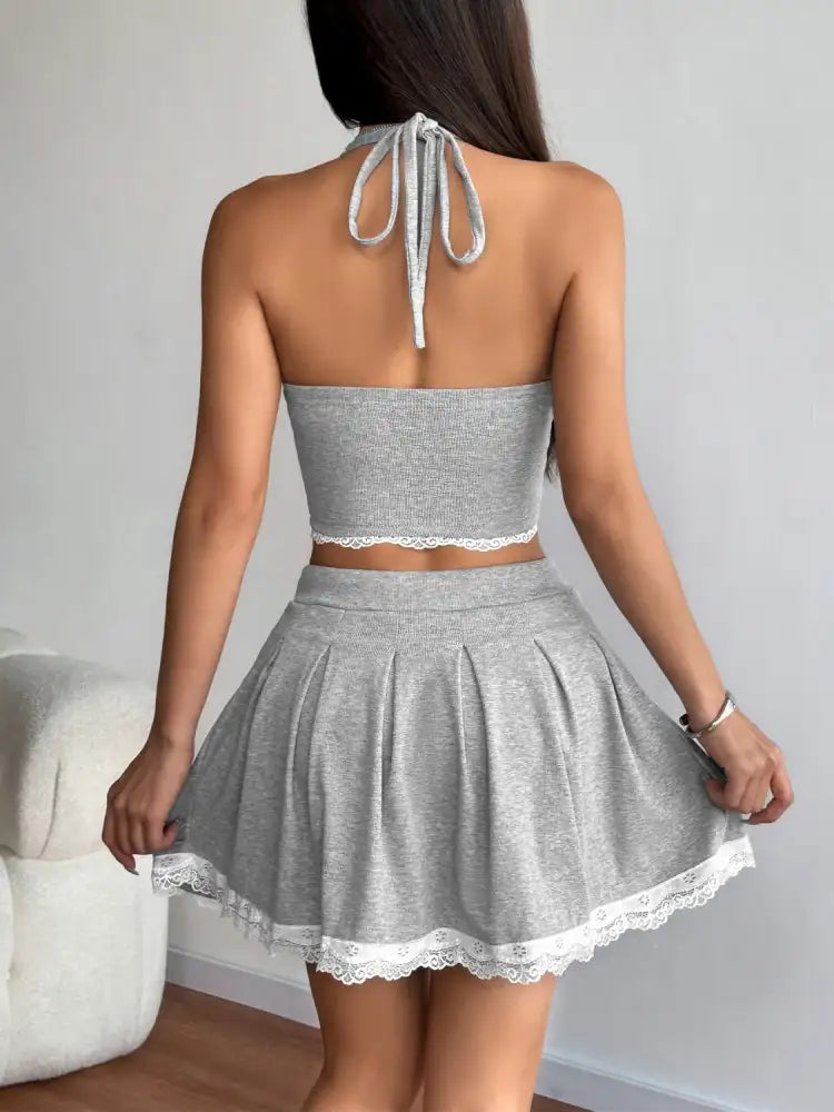 Lace Up Halter Neck Top and Skirt Set