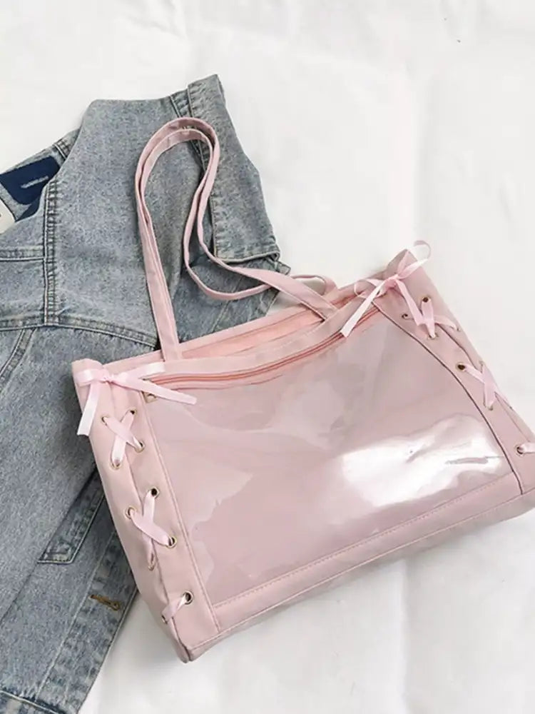 Lace-Up Trim Clear Panel Shoulder Bag