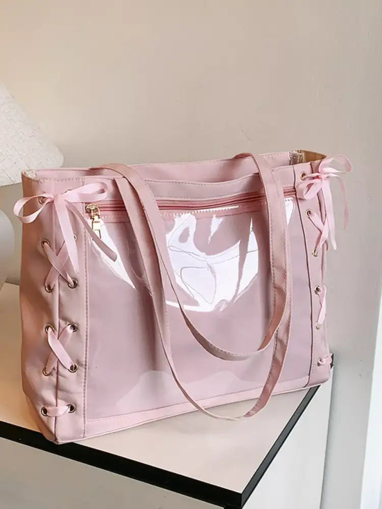 Lace-Up Trim Clear Panel Shoulder Bag
