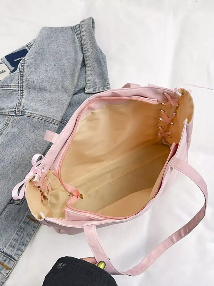 Lace-Up Trim Clear Panel Shoulder Bag