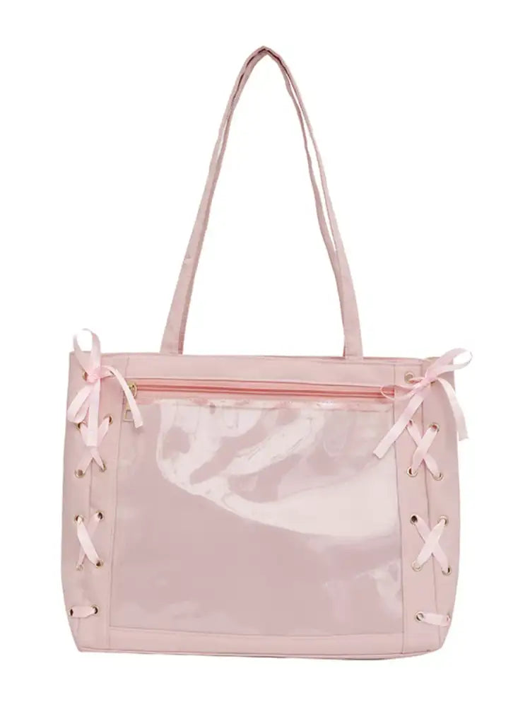 Lace-Up Trim Clear Panel Shoulder Bag