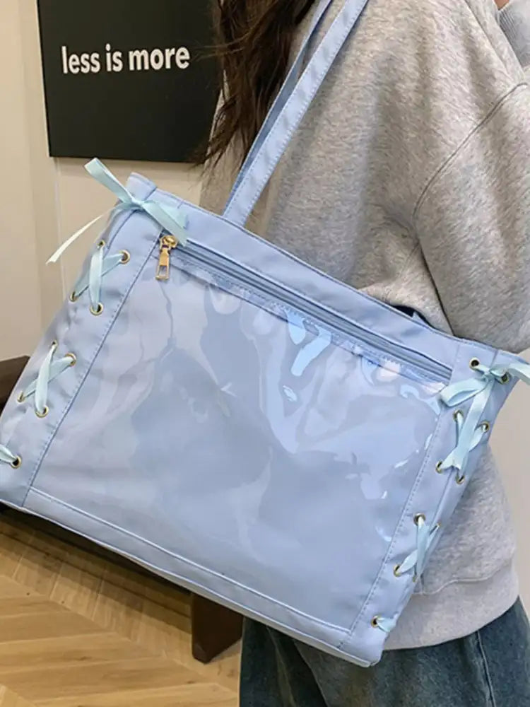 Lace-Up Trim Clear Panel Shoulder Bag