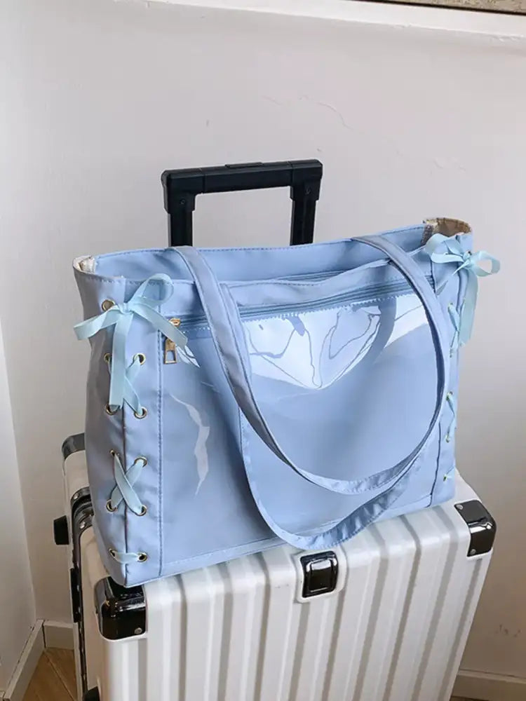 Lace-Up Trim Clear Panel Shoulder Bag