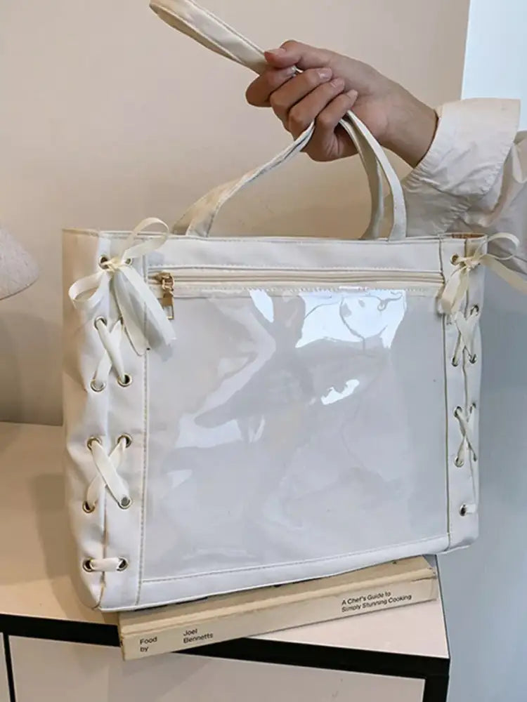 Lace-Up Trim Clear Panel Shoulder Bag