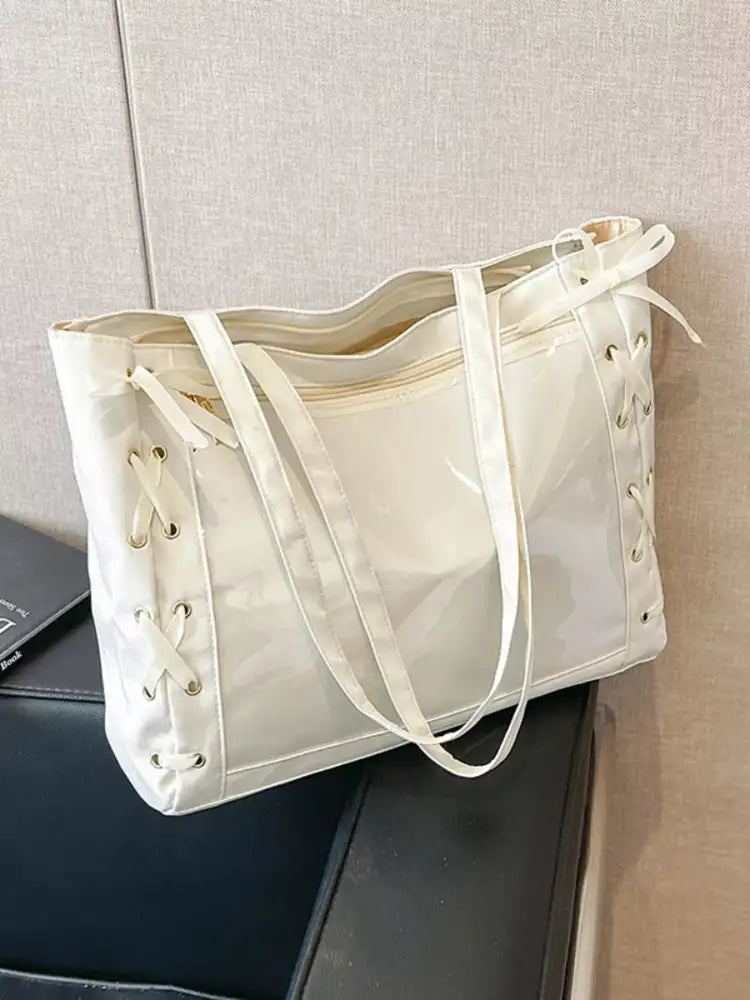 Lace-Up Trim Clear Panel Shoulder Bag