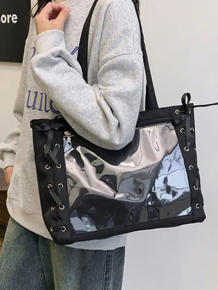 Lace-Up Trim Clear Panel Shoulder Bag