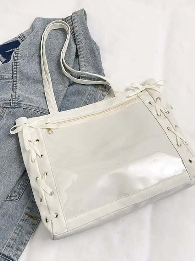 Lace-Up Trim Clear Panel Shoulder Bag