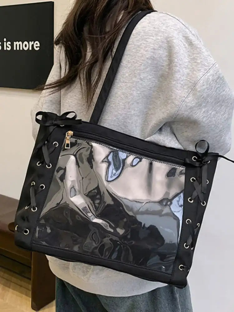 Lace-Up Trim Clear Panel Shoulder Bag