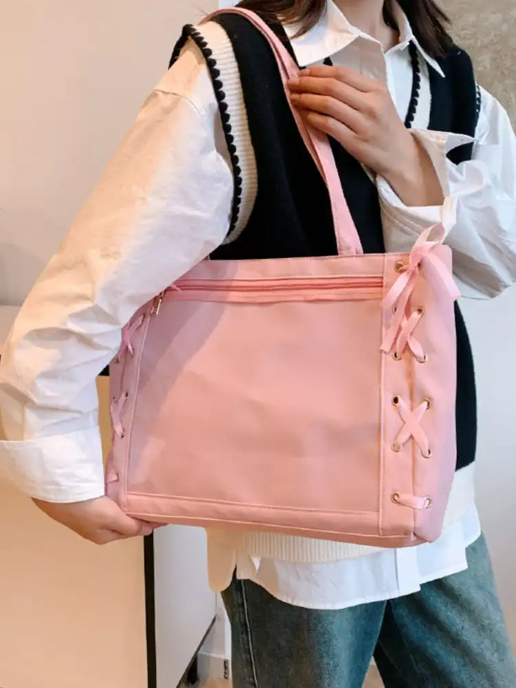 Lace-Up Trim Clear Panel Shoulder Bag