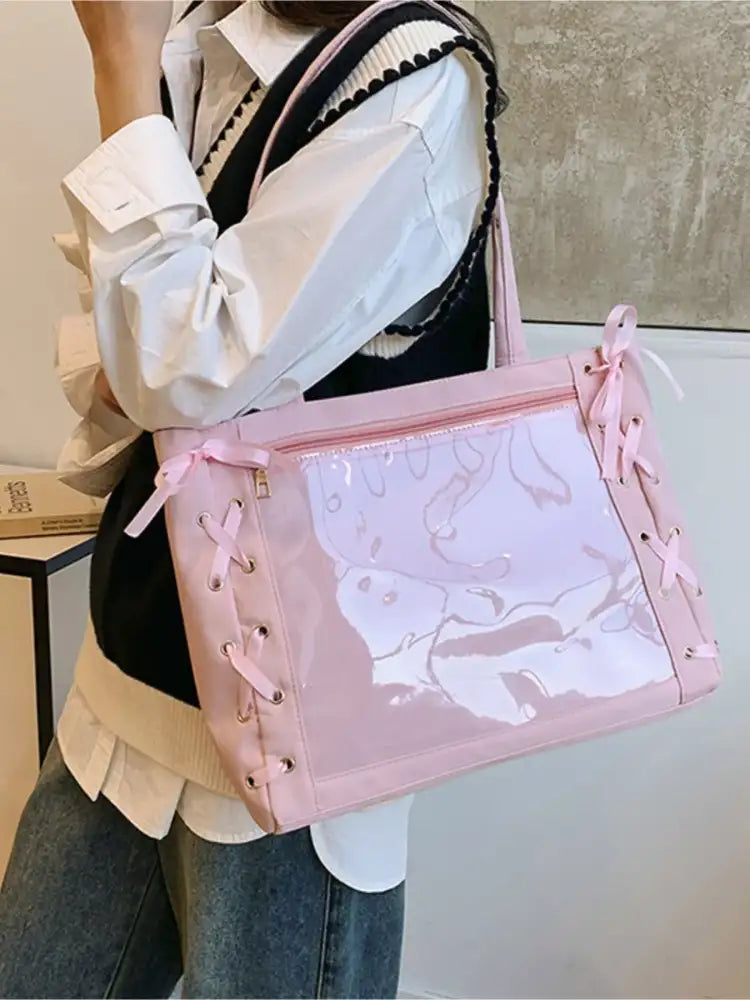 Lace-Up Trim Clear Panel Shoulder Bag
