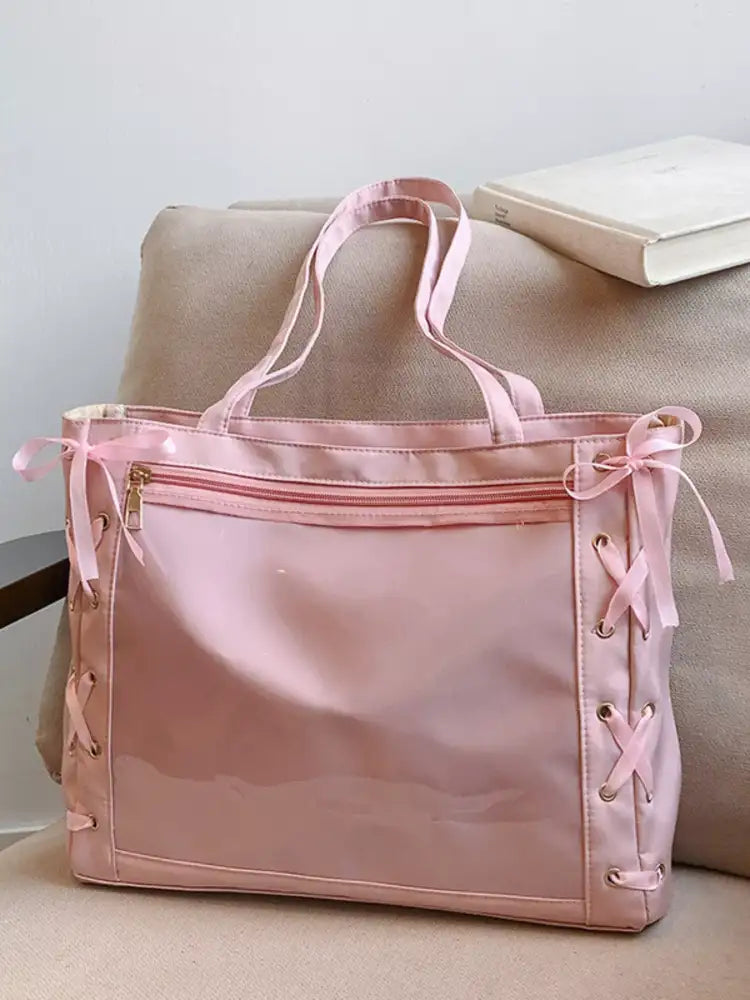 Lace-Up Trim Clear Panel Shoulder Bag