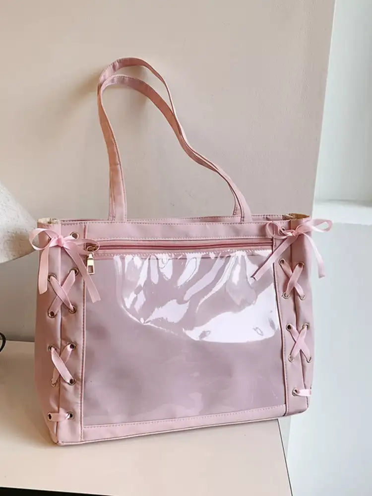 Lace-Up Trim Clear Panel Shoulder Bag