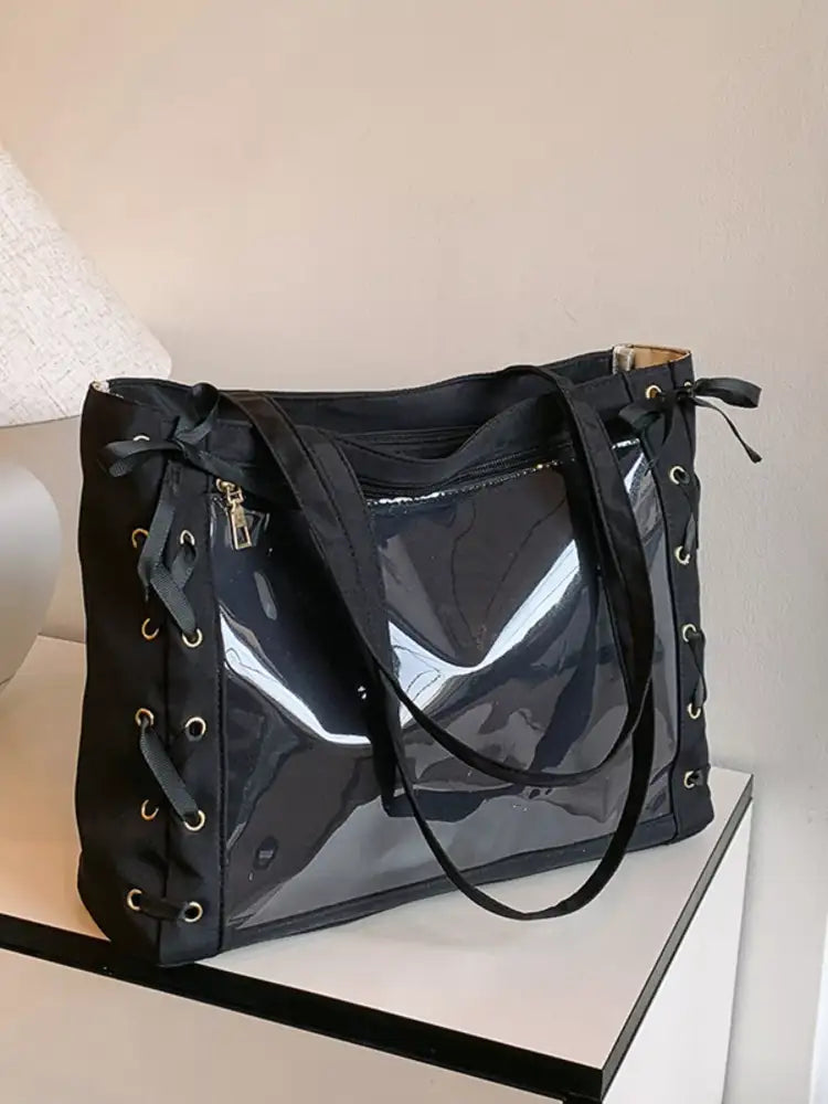 Lace-Up Trim Clear Panel Shoulder Bag