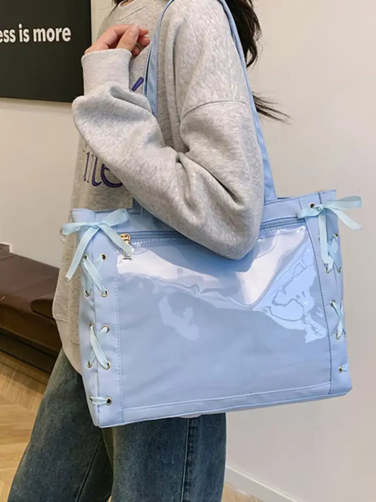 Lace-Up Trim Clear Panel Shoulder Bag